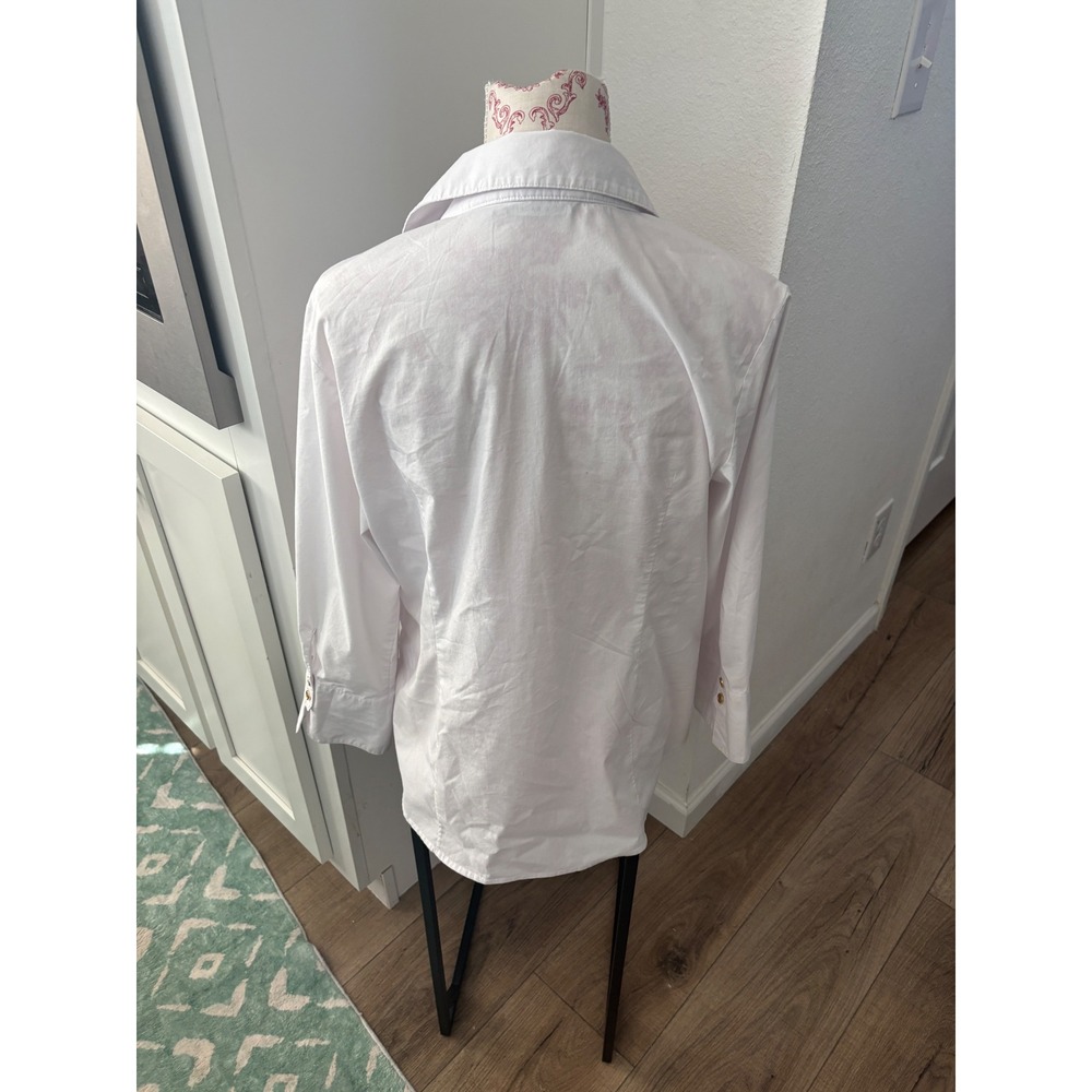 Zac & Rachel White Button Down Shirt Leopard Print Trim Stretch Blouse XL - Picture 2 of 6